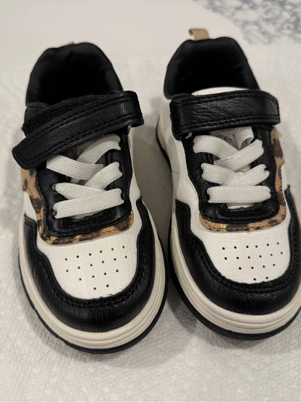Kids Black and White Athletic Sneakers with Leopard Trim NEW